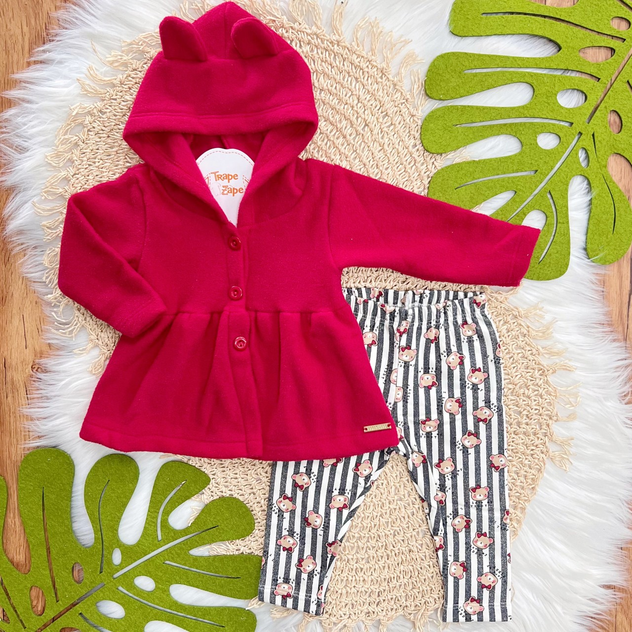 Conj. Casaco em Fleece com Capuz e Legging Listrada Ursinhas - Vermelho
